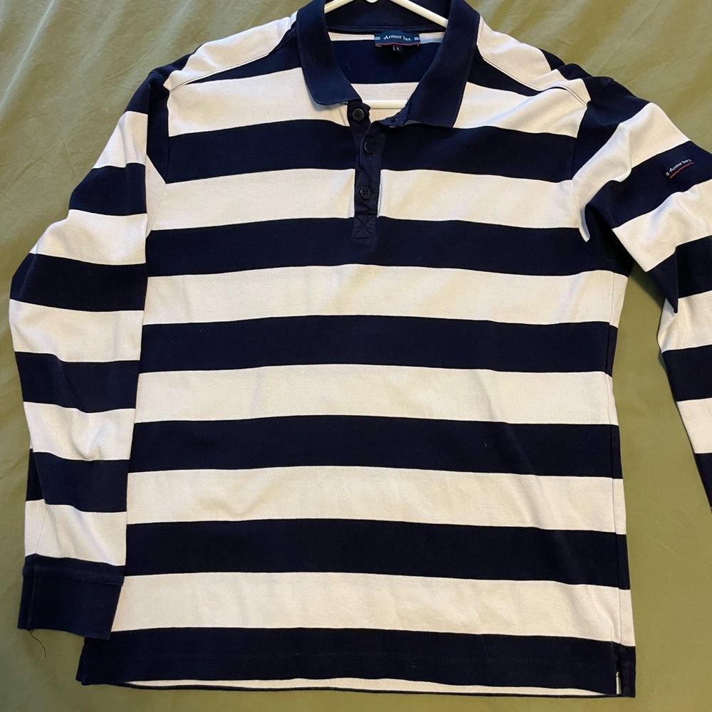 Armor Lux Navy and White Striped Polo